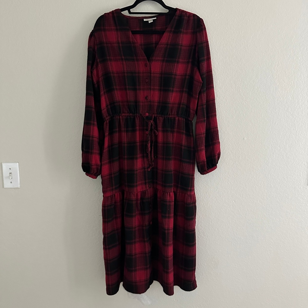 Knox Rose Midi Dress Women Large Red Black Plaid Button Front Tiered Boho